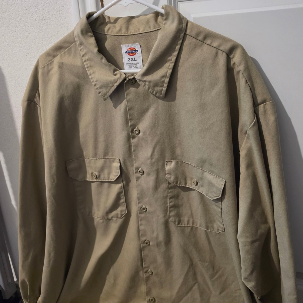 Dickies Mens 3XL Khaki Tan Long Sleeve Button Up Work Shirt Twill Relaxed Fit
